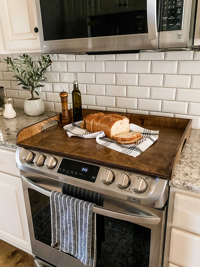 Clean and simple warm brown stove cover with raised edge