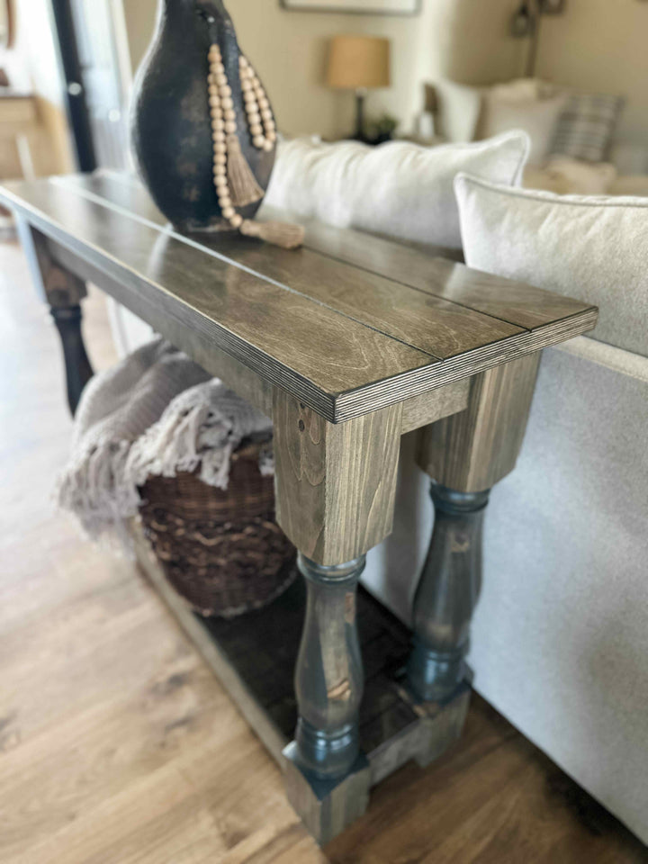 Entry table with baluster legs fully stained aged barrel