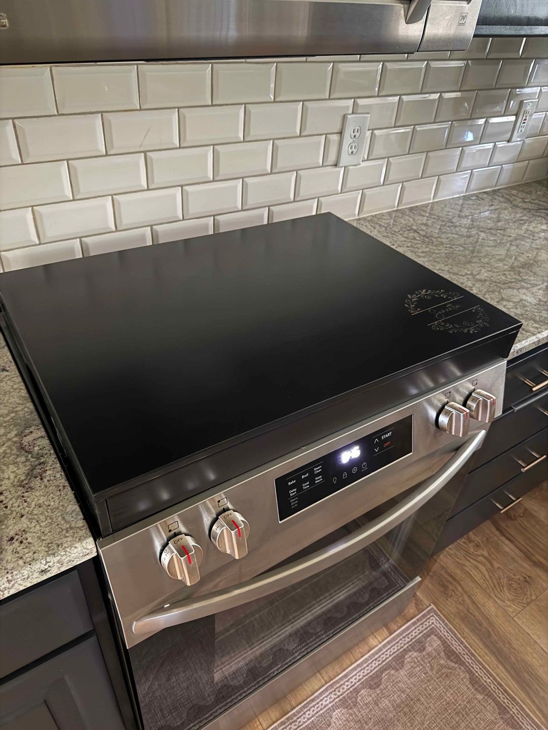 Personalized monogram stove cover, black + natural "Samantha"