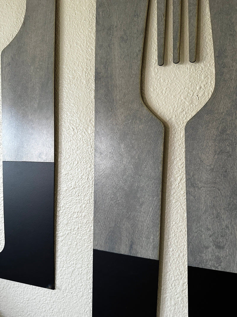 Fork spook and knife set handmade of wood wall decor in dark charcoal with heather gray