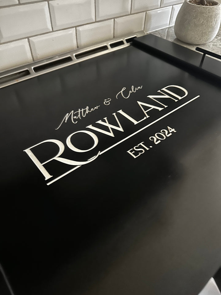 Personalized family name stove cover, Black "Rowland"