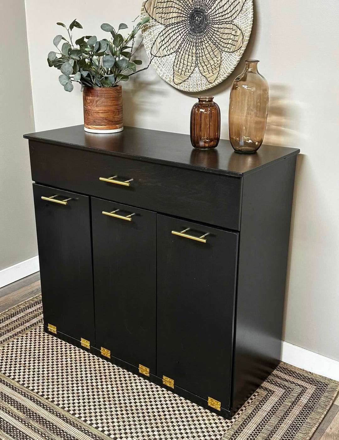 Free standing slim style triple trash cabinet in black