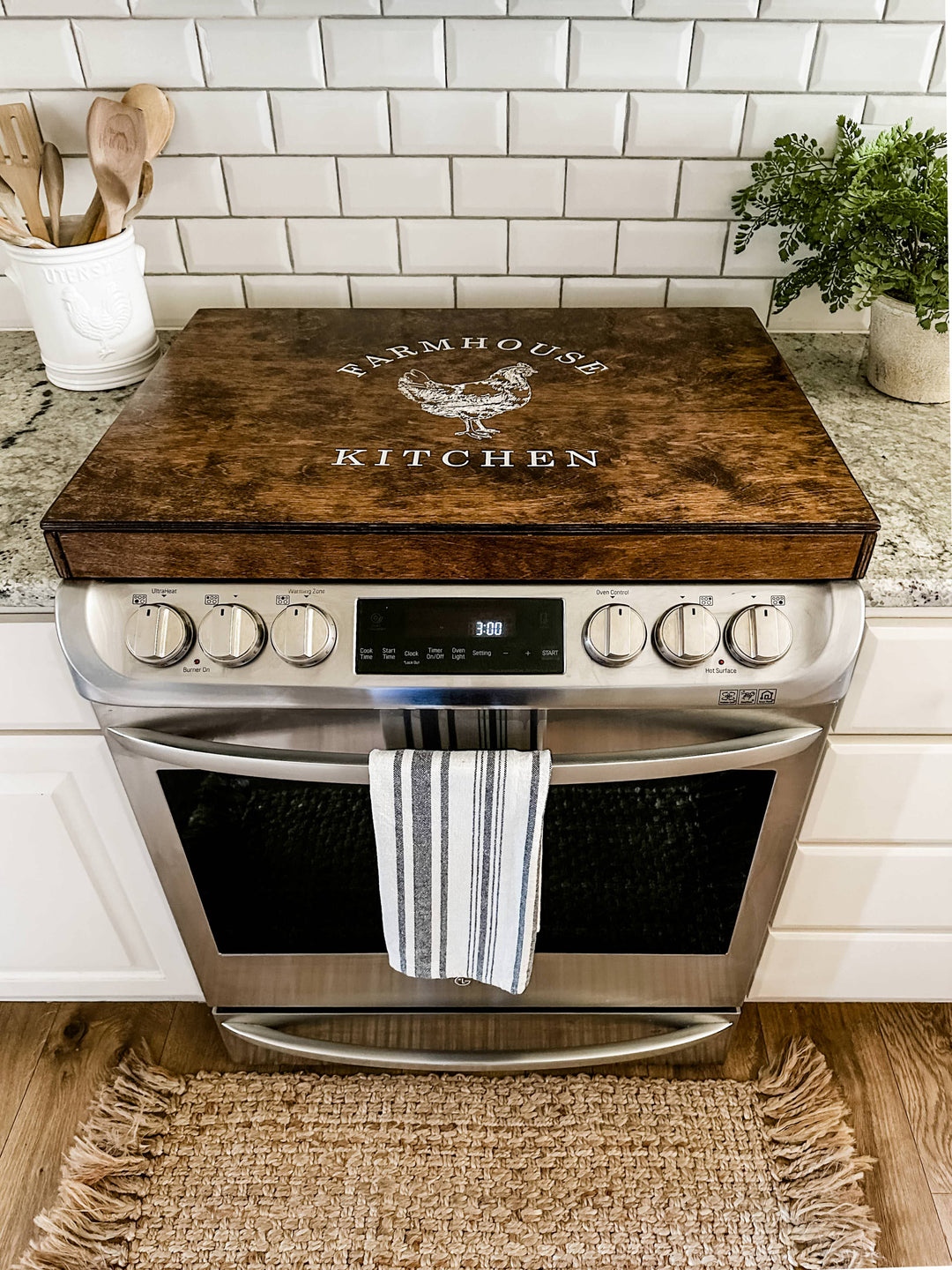 "Farmhouse kitchen stove cover" in warm brown