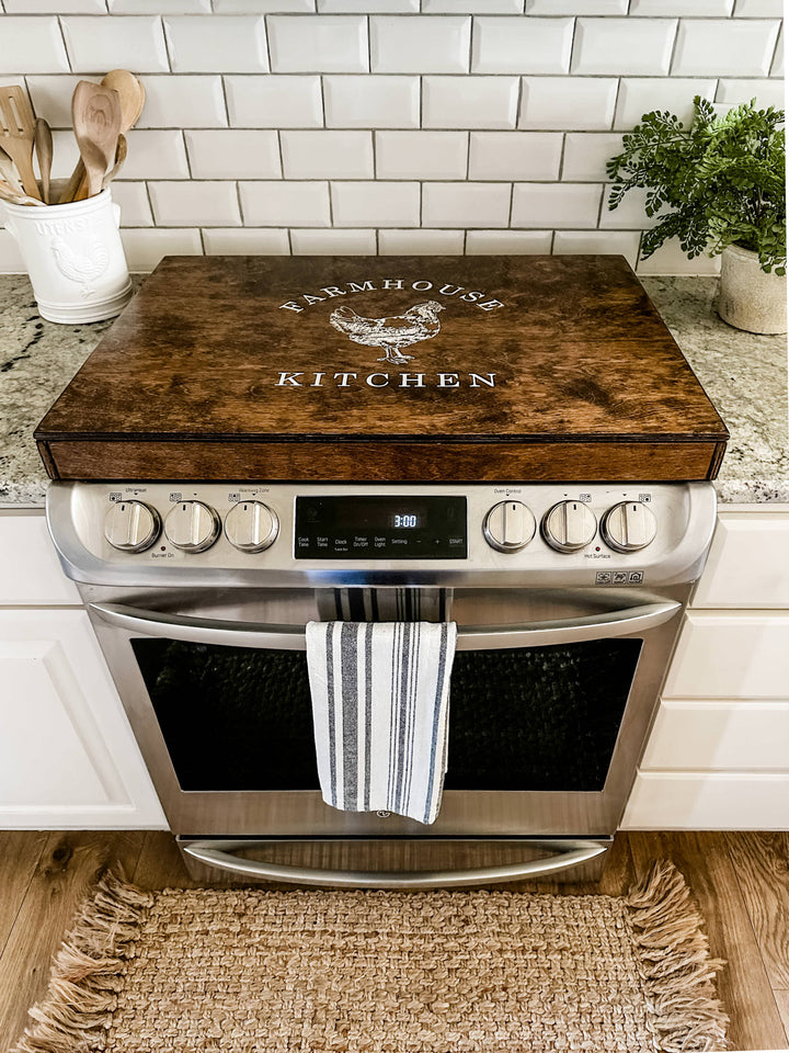 "Farmhouse kitchen stove cover" in warm brown