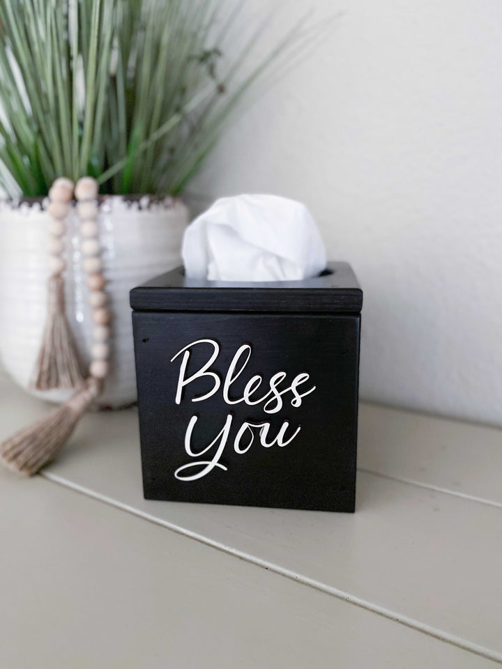 handmade wooden Bless You tissue cover black