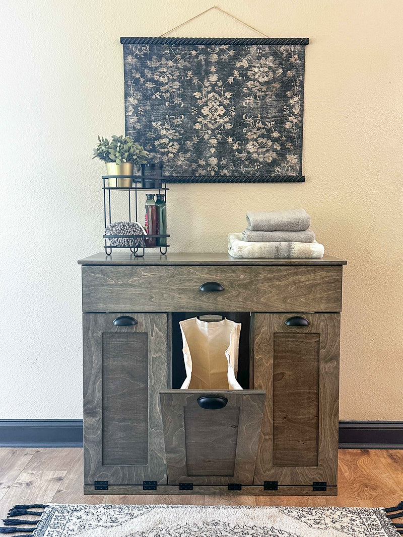 Prescott laundry with a storage drawer in Aged Barrel slim style