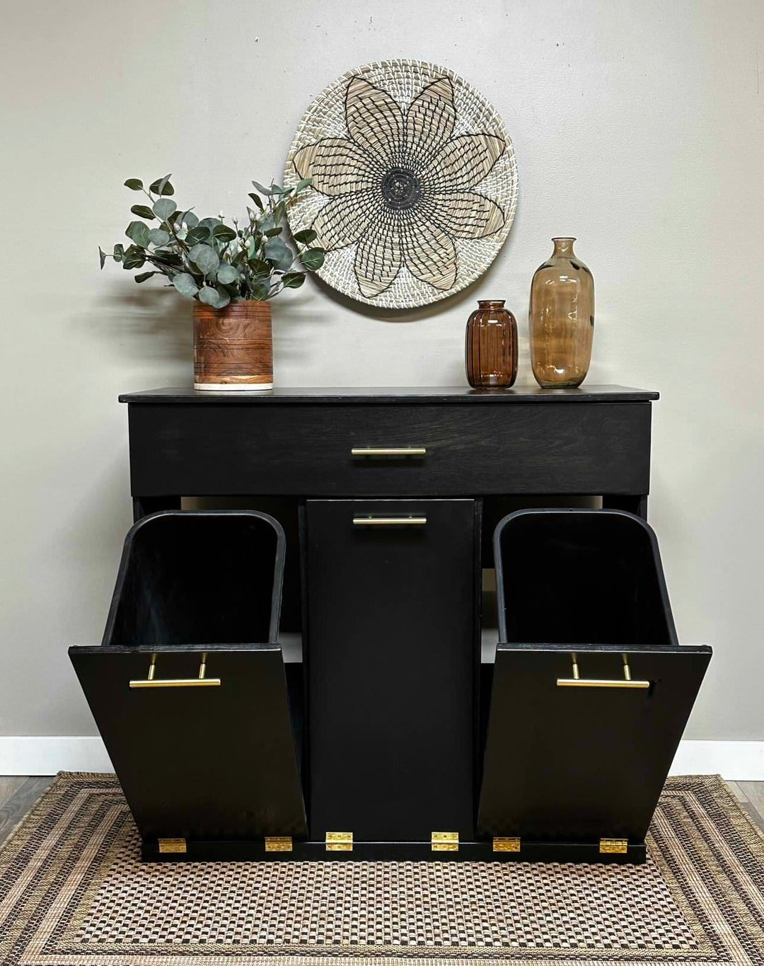 Free standing slim style triple trash cabinet in black