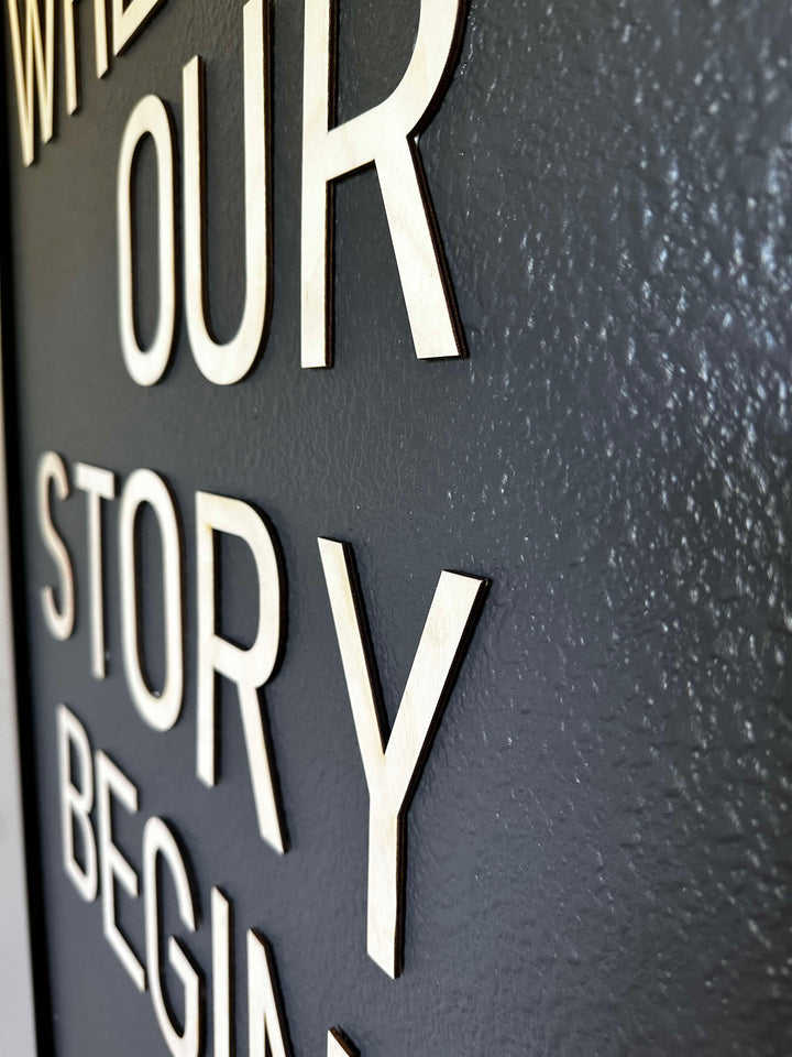 Home is where our story begins alphabet wall hanging