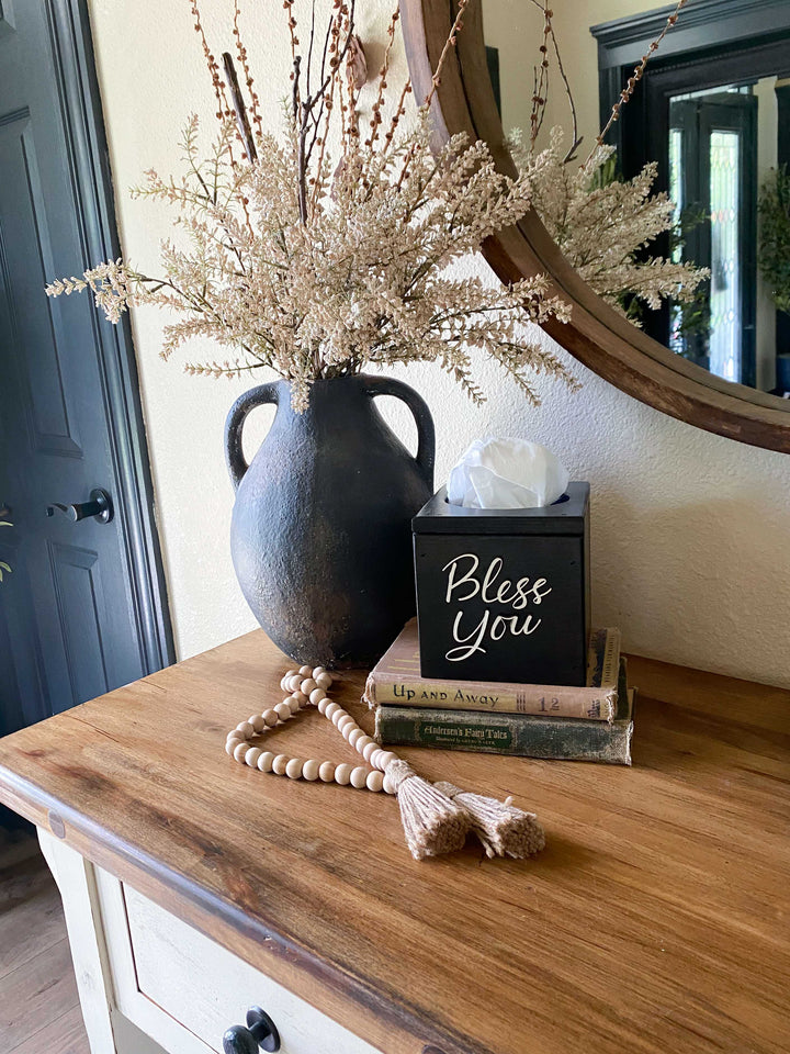 handmade wooden Bless You tissue cover black