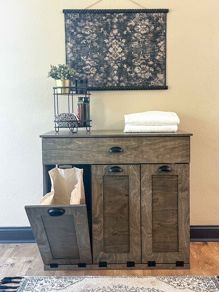 Slim laundry with a storage drawer in aged barrel stain