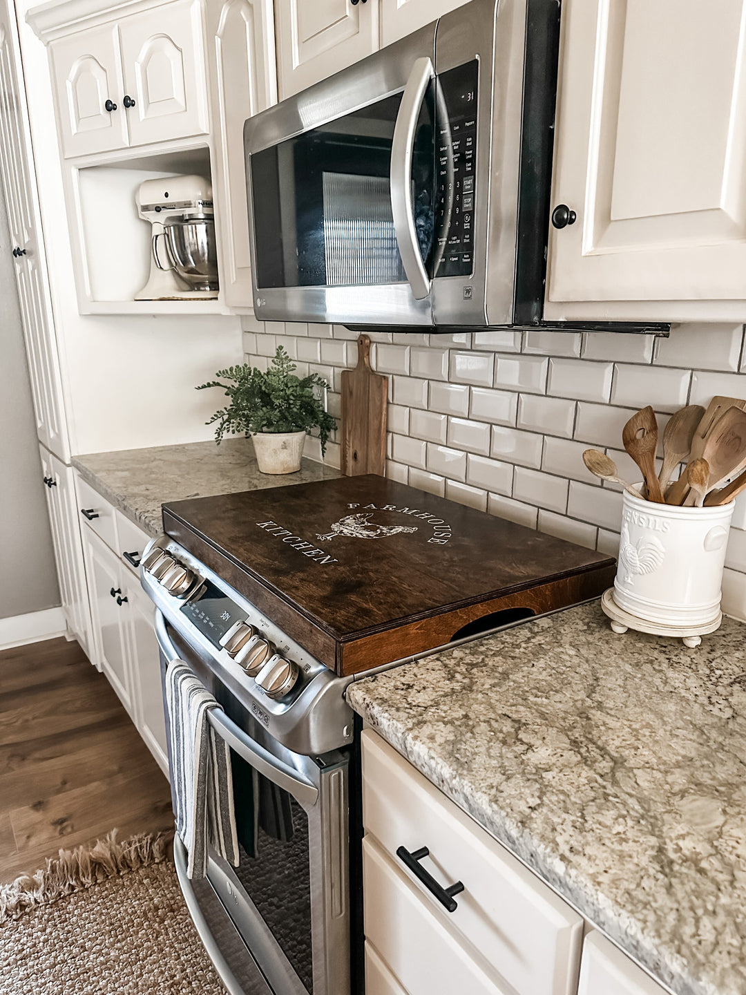 "Farmhouse kitchen stove cover" in warm brown