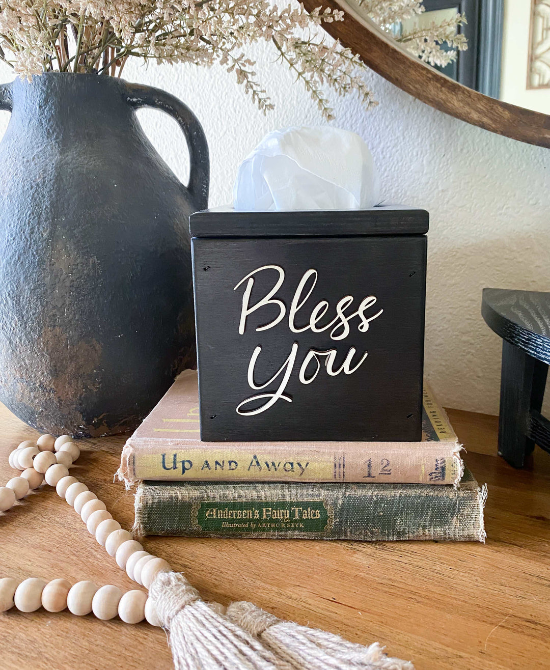 handmade wooden Bless You tissue cover black