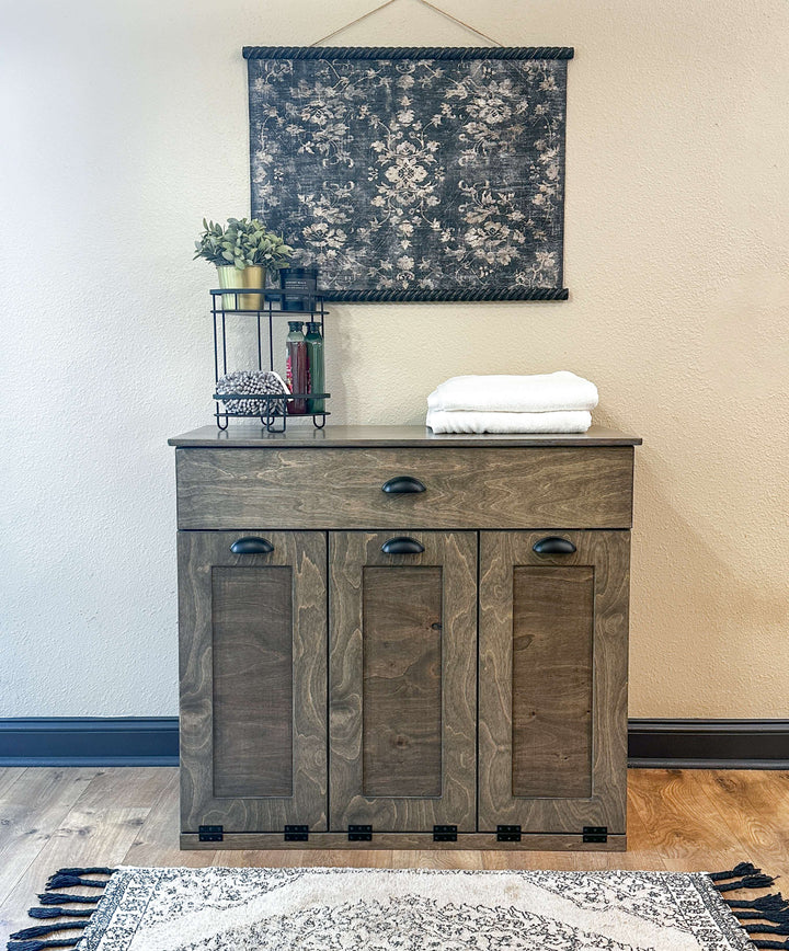 Slim laundry with a storage drawer in aged barrel stain