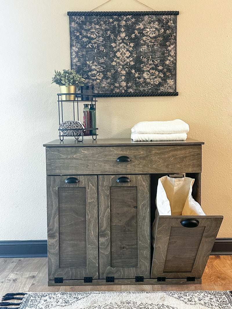 Prescott laundry with a storage drawer in Aged Barrel slim style