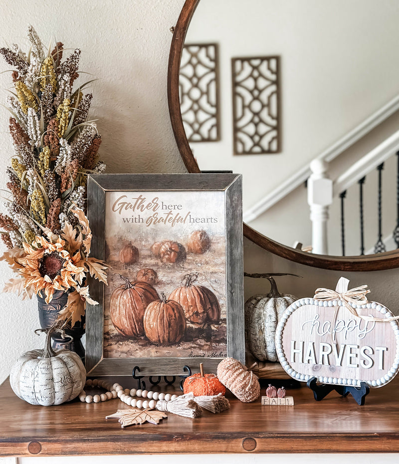 Gather here vintage pumpkin sign with tobacco lathe frame