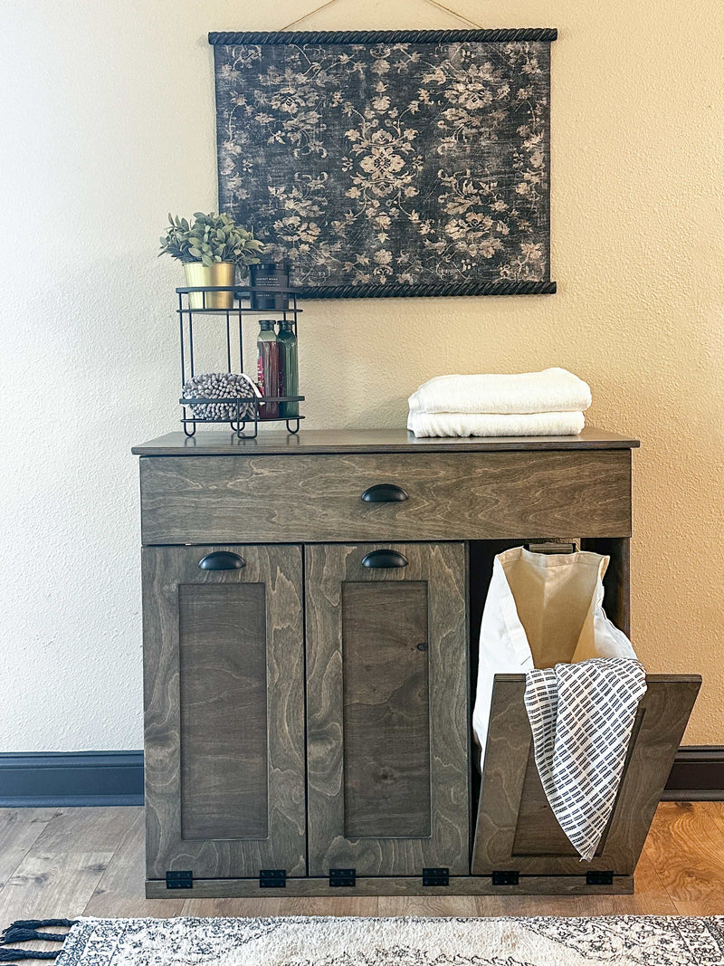 Prescott laundry with a storage drawer in Aged Barrel slim style