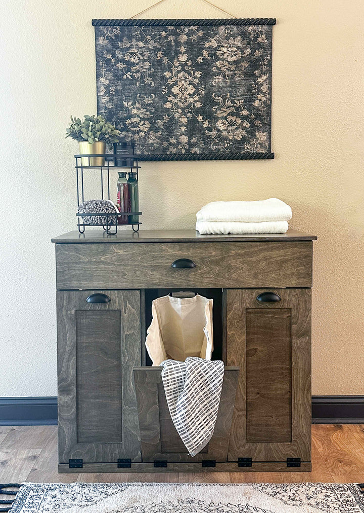 Slim laundry with a storage drawer in aged barrel stain