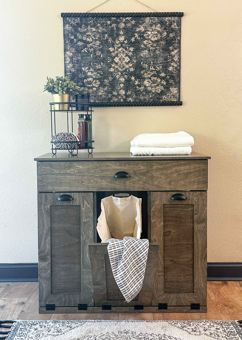 Prescott laundry with a storage drawer in Aged Barrel slim style