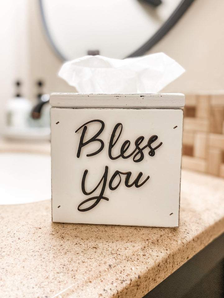 handmade wooden Bless You tissue cover white distressed