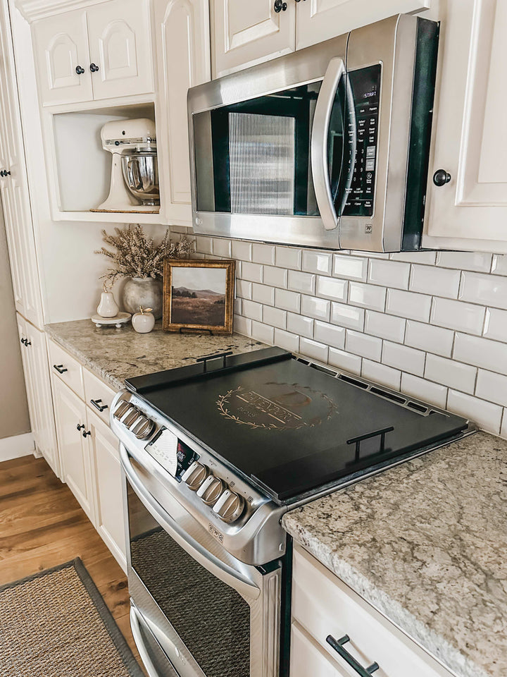 Personalized monogram stove cover, black + natural "Davenport"
