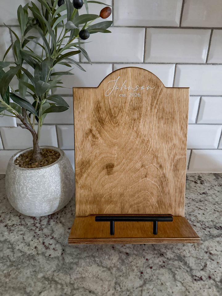 Golden Oak stained cookbook holder with personalization