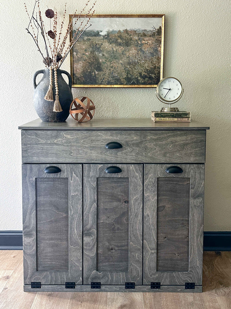 Prescott trash with a storage drawer in aged barrel