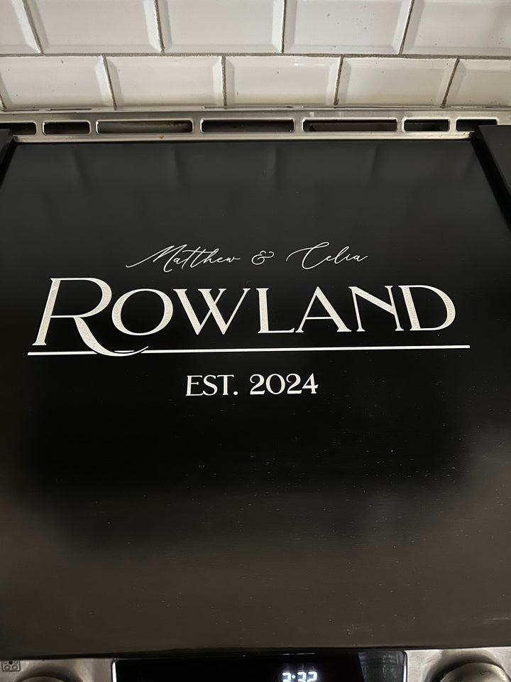 Personalized family name stove cover, Black "Rowland"