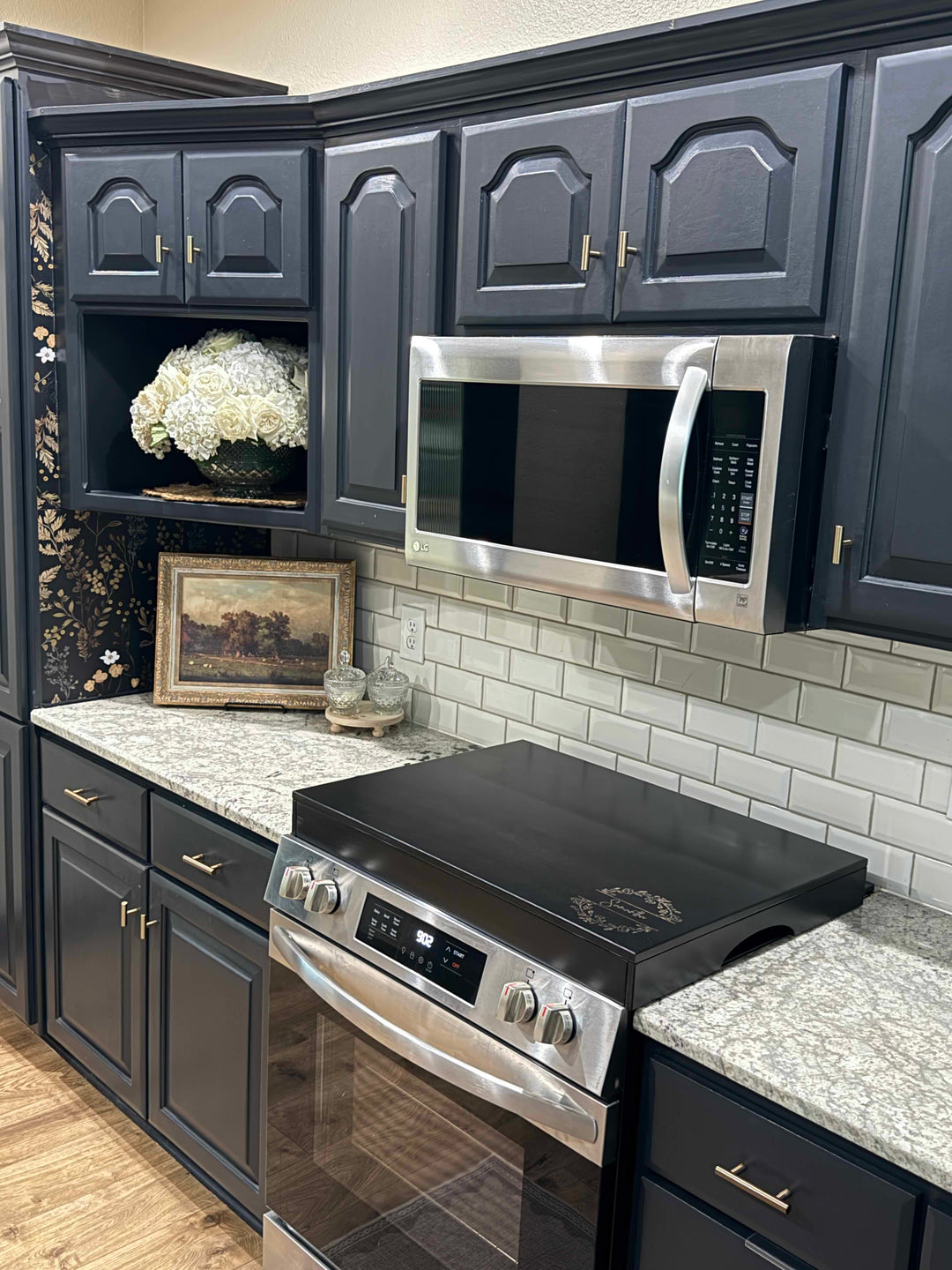 Personalized monogram stove cover, black + natural "Samantha"