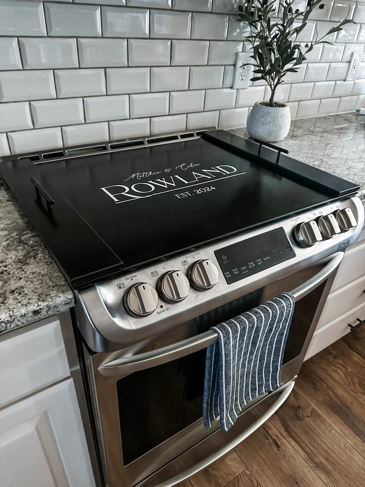 Personalized family name stove cover, Black "Rowland"