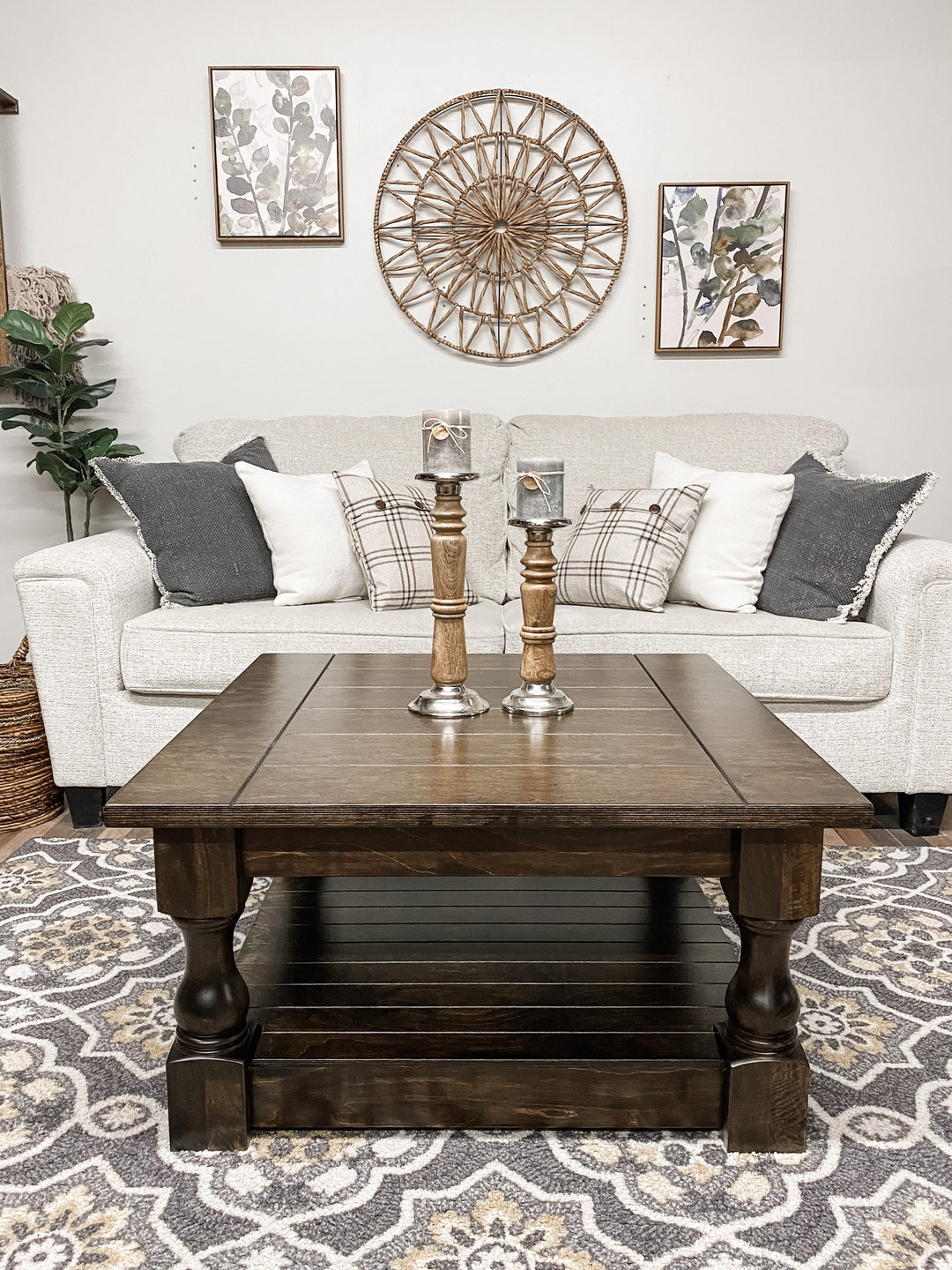 Stained farmhouse style rustic coffee table fully stained
