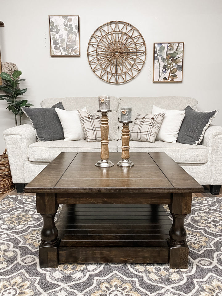 Stained farmhouse style rustic coffee table fully stained
