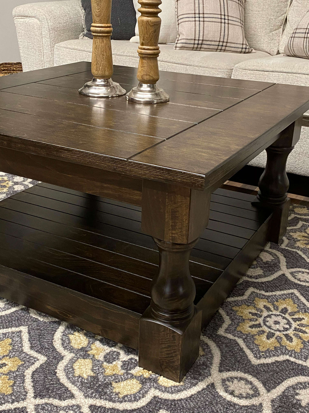 Stained farmhouse style rustic coffee table fully stained