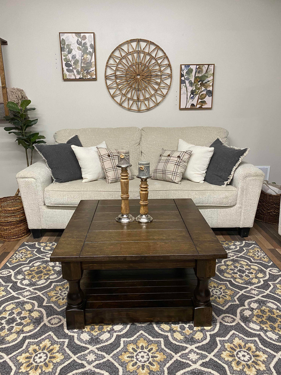 Stained farmhouse style rustic coffee table fully stained