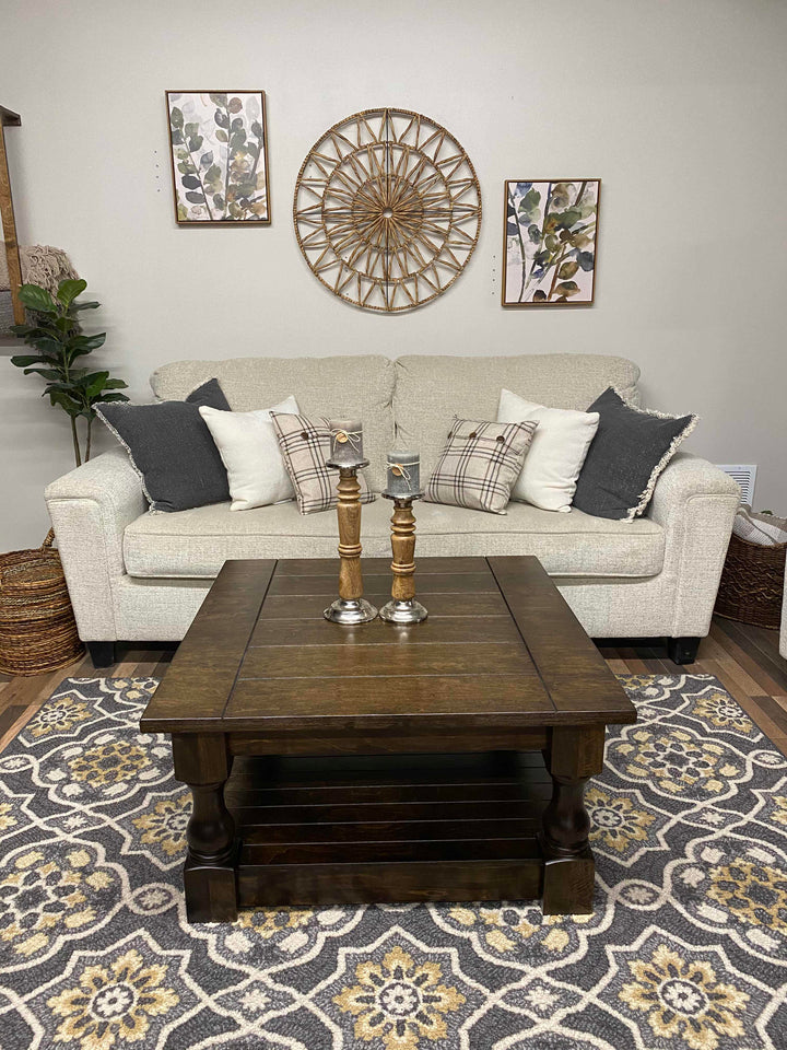 Stained farmhouse style rustic coffee table fully stained