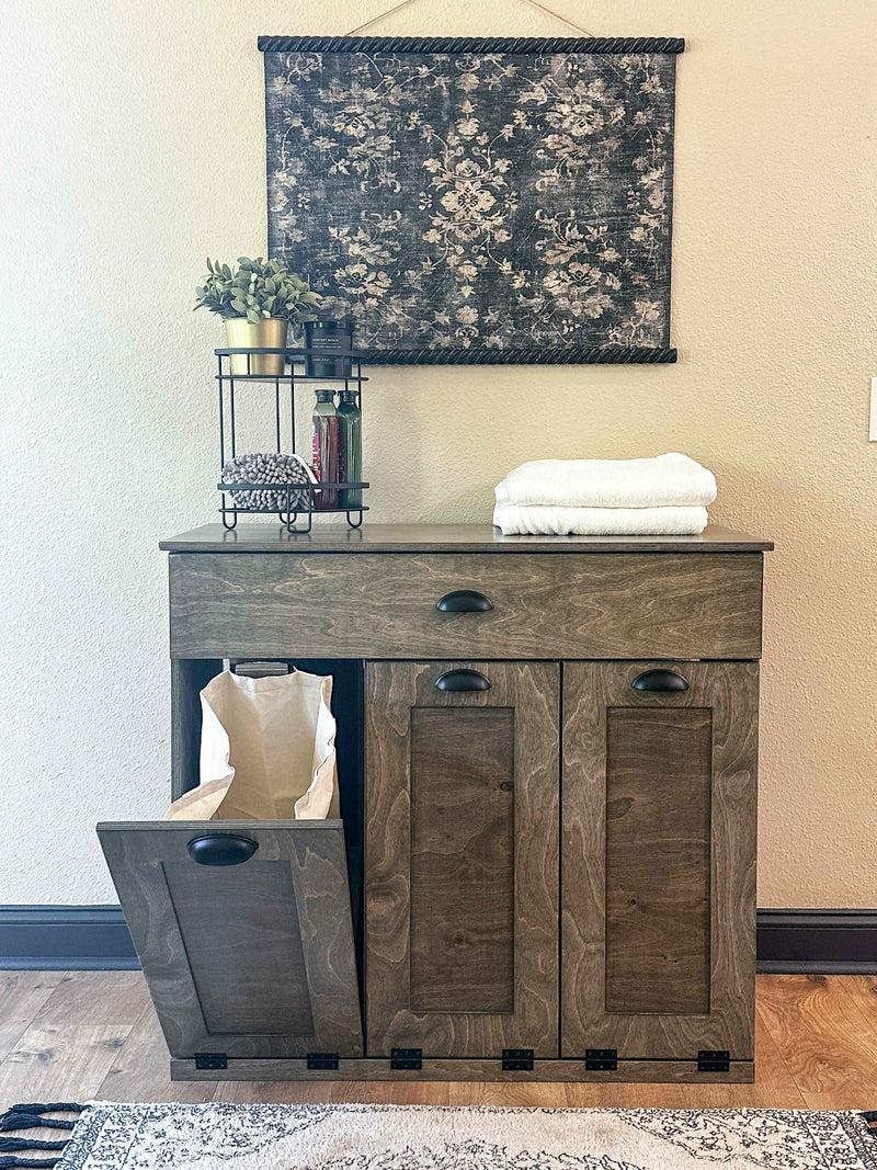 Prescott laundry with a storage drawer in Aged Barrel slim style