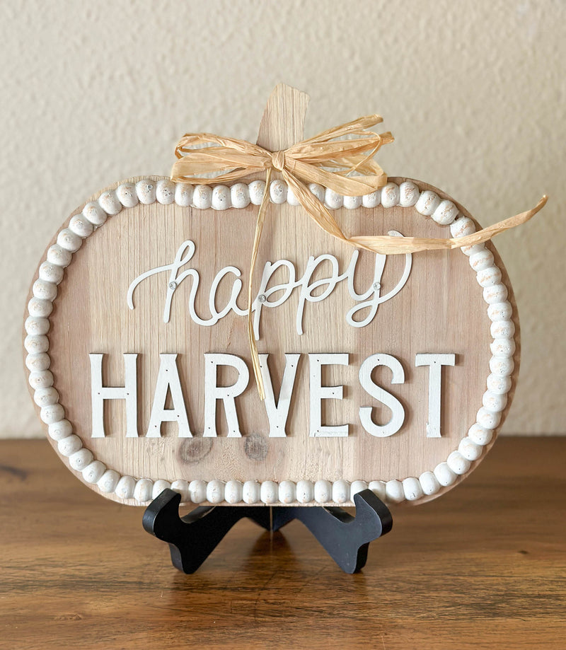 Neutral beaded pumpkin happy harvest sign