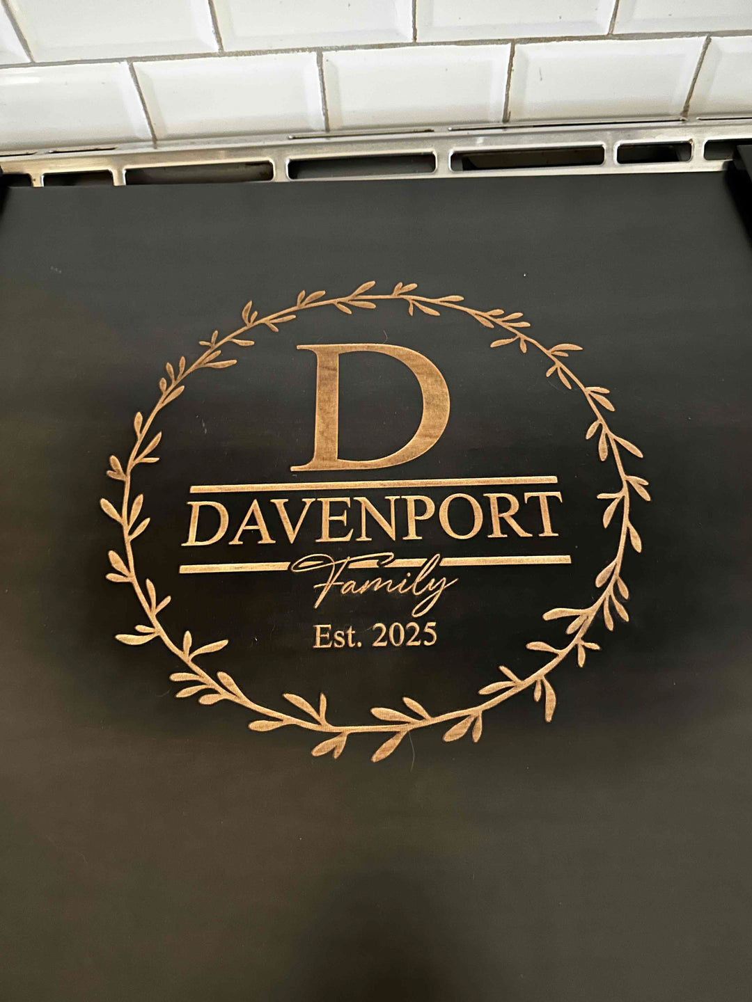 Personalized monogram stove cover, black + natural "Davenport"