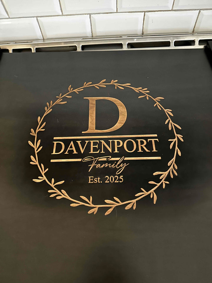 Personalized monogram stove cover, black + natural "Davenport"