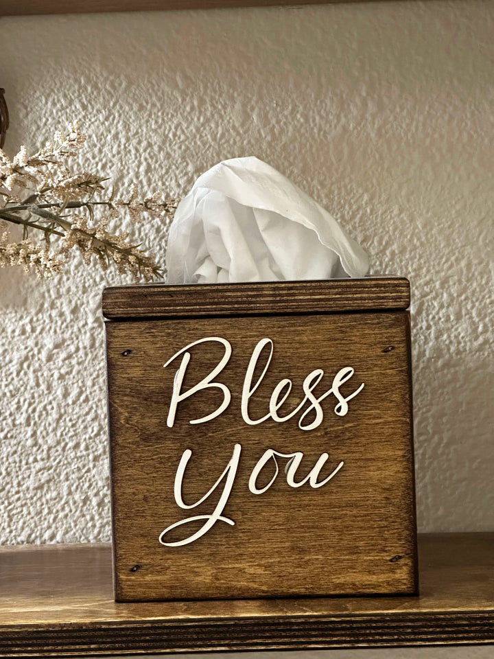 handmade wooden Bless You tissue cover dark brown