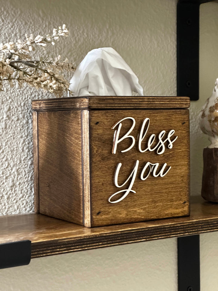 handmade wooden Bless You tissue cover warm brown