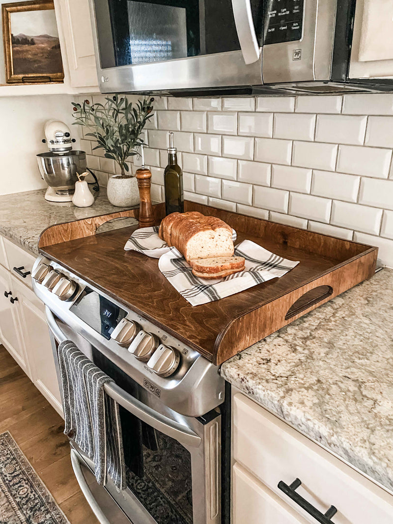 Clean and simple warm brown stove cover with raised edge