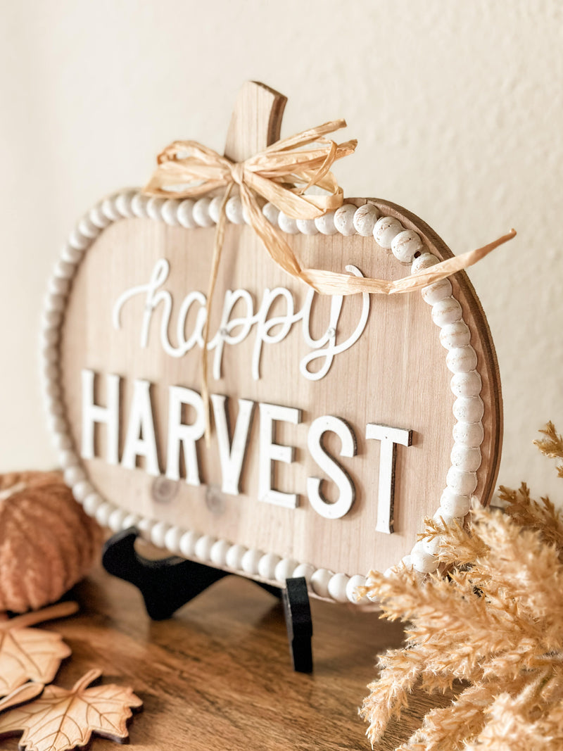 Neutral beaded pumpkin happy harvest sign