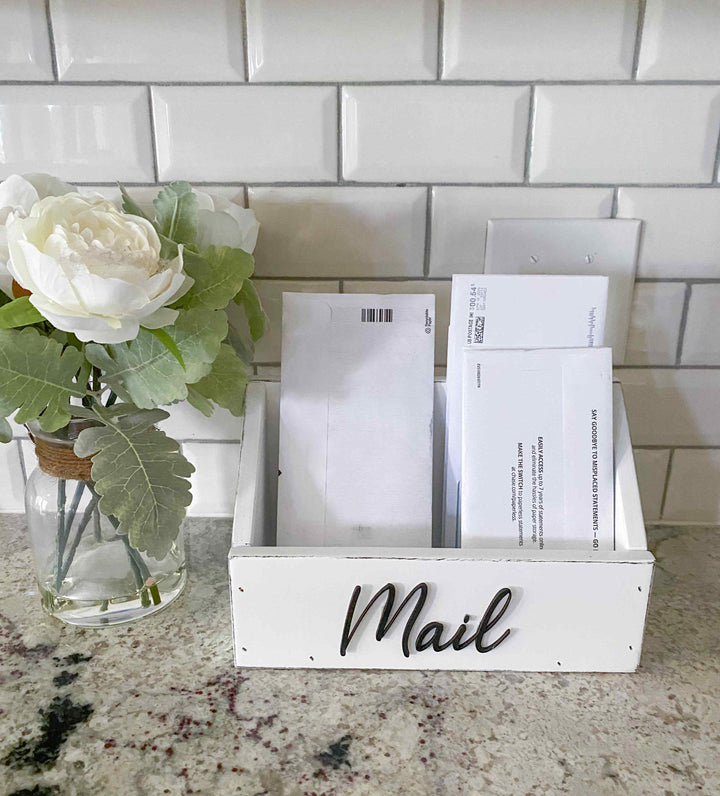 handmade wooden mail caddy in white distressed