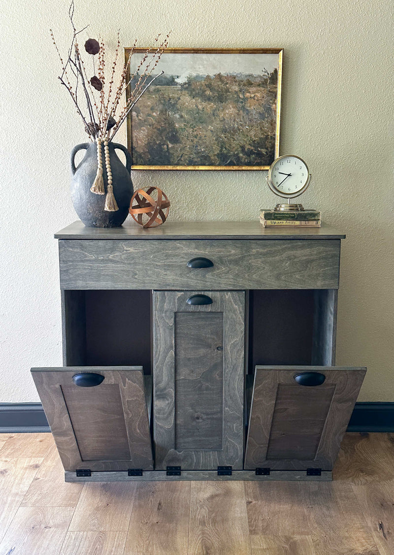 Prescott trash with a storage drawer in aged barrel