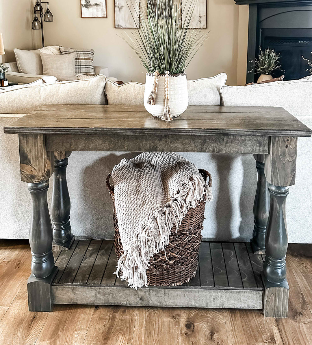 Entry table with baluster legs fully stained aged barrel