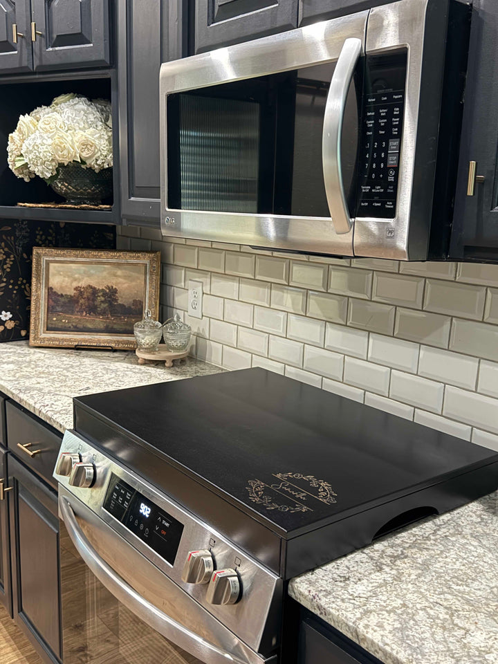 Personalized monogram stove cover, black + natural "Samantha"