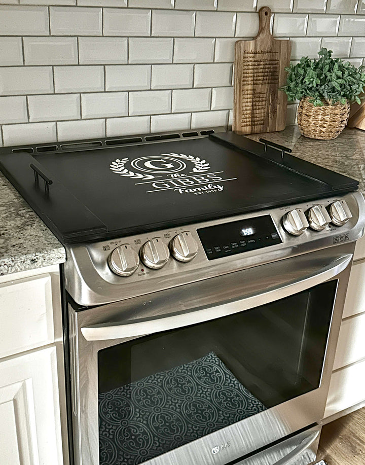 Personalized family name stove cover, Black - Gibbs