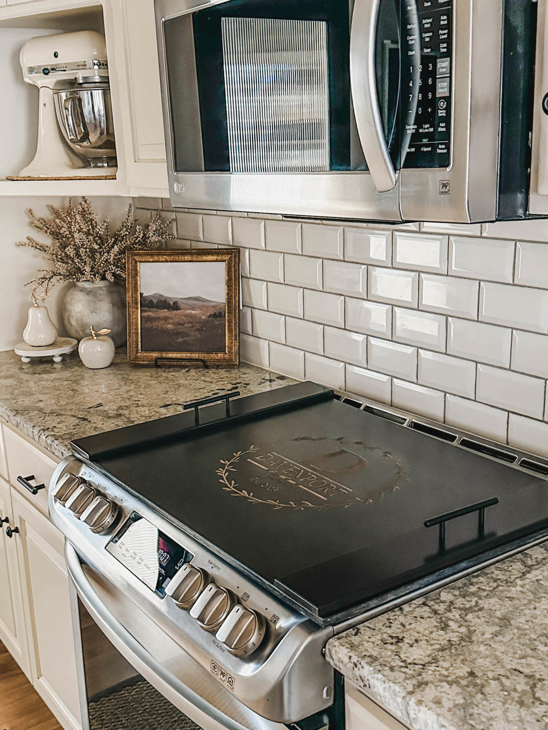 Personalized monogram stove cover, black + natural "Davenport"