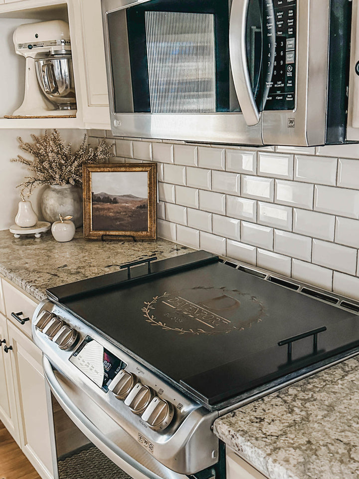 Personalized monogram stove cover, black + natural "Davenport"