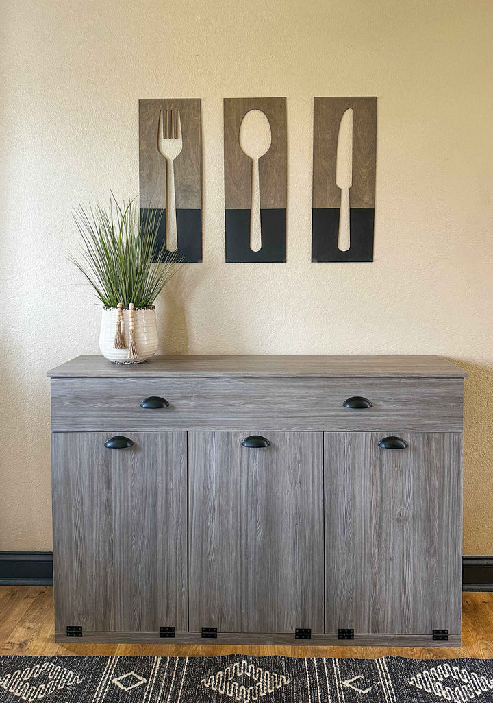 Aged barrel + charcoal fork, spoon, and knife wood wall decor set